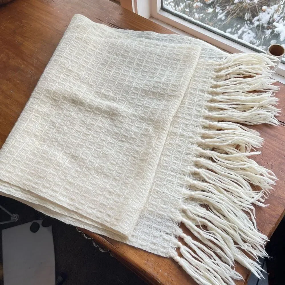 Vintage Cream Wool Woven Fringed Scarf Wrap 71